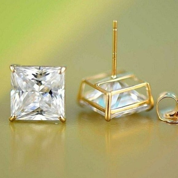 14k Yellow Gold Heavy Basket Princess Cut White Cubic Zirconia Stud Earrings 7mm - Picture 9 of 10